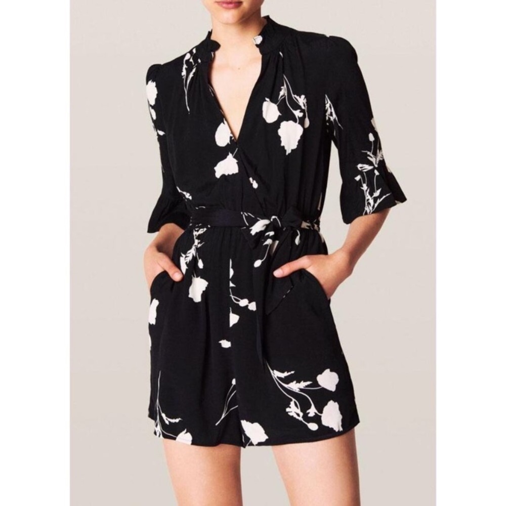BA&SH Penny Floral Belted Romper Black and White Size 6